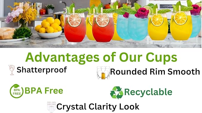 36 piece Stemless Unbreakable Crystal Clear Plastic Wine Glasses Set of 36 (12 Ounces)