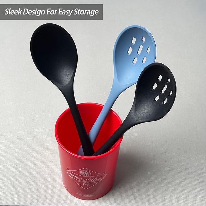 Silicone Spoons for Cooking - Extra Large Kitchen Spoons for Mixing, Serving, & Stirring - 600°F Heat-Resistant Non Stick Utensils Ladle & Skimmer- Dishwasher Safe, Black