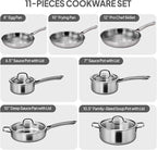Bonnlo 11 Pieces Cookware Set, 3-Ply Stainless Steel Pots and Pans Set with Lids, Non-Toxic Kitchen Set, Oven & Dishwasher Safe, Induction Cooking Set, PFOA & PTFE Free, Compatible for All Cooktops
