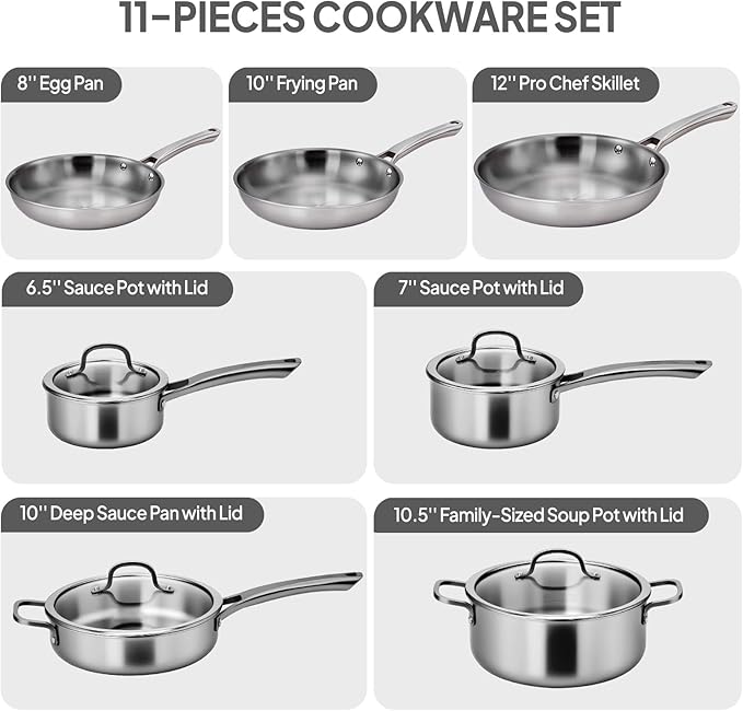Bonnlo 11 Pieces Cookware Set, 3-Ply Stainless Steel Pots and Pans Set with Lids, Non-Toxic Kitchen Set, Oven & Dishwasher Safe, Induction Cooking Set, PFOA & PTFE Free, Compatible for All Cooktops