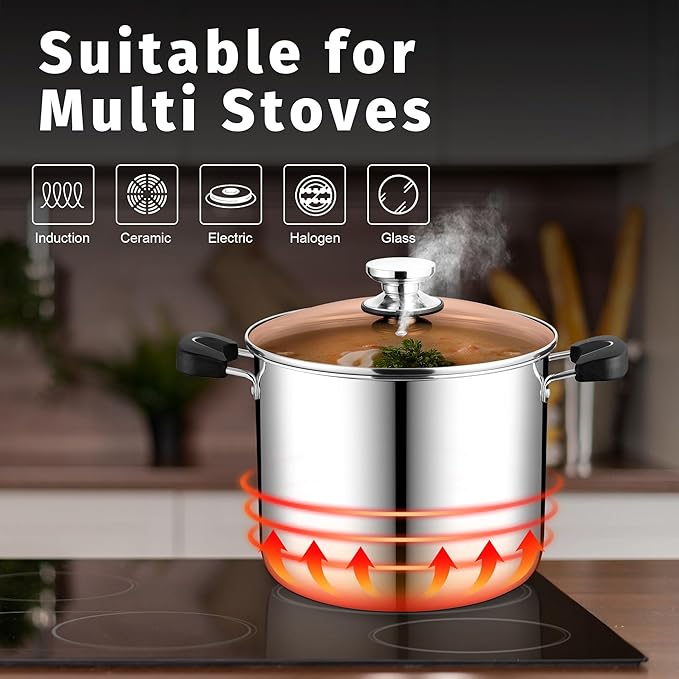 P&P CHEF Stainless Steel 3-Ply Sock Pot with Lid, Stockpot for Cooking Pasta & Stewing Soup, Fits Multi Stoves, Heat-proof Handle & Clear Lid, Heavy Duty & Dishwasher Safe, 12 Quarts