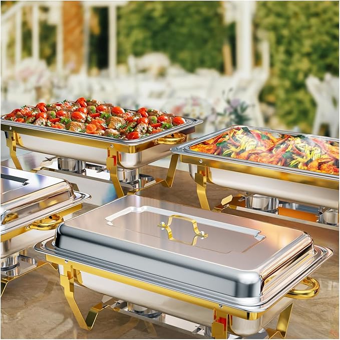 Chafing Dishes for Buffet 4 Pack, 9QT Gold and Silver Stainless Steel Chafing Dish Buffet Set Chafers and Buffet Warmers Sets for Any Party with Complete Set
