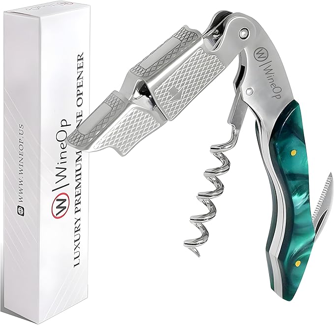 WineOp Professional Wine Opener - Luxury Double Hinged Waiter's Corkscrew Wine Bottle Key - Cork screwer for Servers, Bartenders, Sommelier and Home Use | All-In-One Stainless Steel - Green Resin