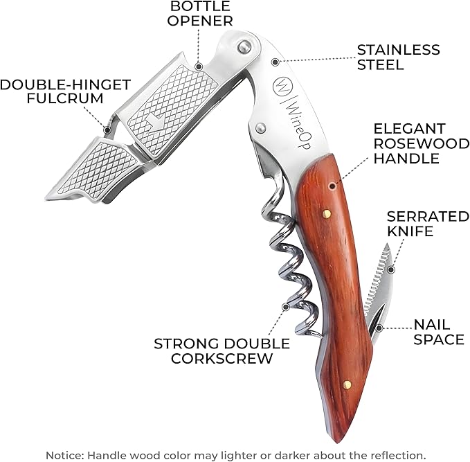 WineOp Professional Wine Opener Luxury Double Hinged Waiter's Corkscrew Wine Bottle Key - Cork screwer for Servers, Bartenders, Sommelier and Home Use | All-In-One Stainless Steel (Rosewood Handle)