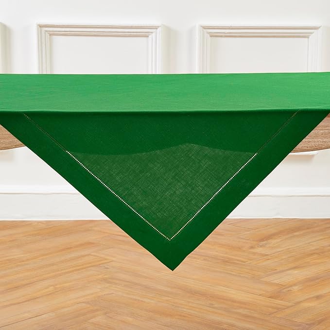 Solino Home Linen Tablecloth 52 x 52 Inch - 100% Pure Linen Garden Green Square Tablecloth - Classic Hemstitch, Machine Washable Table Throw