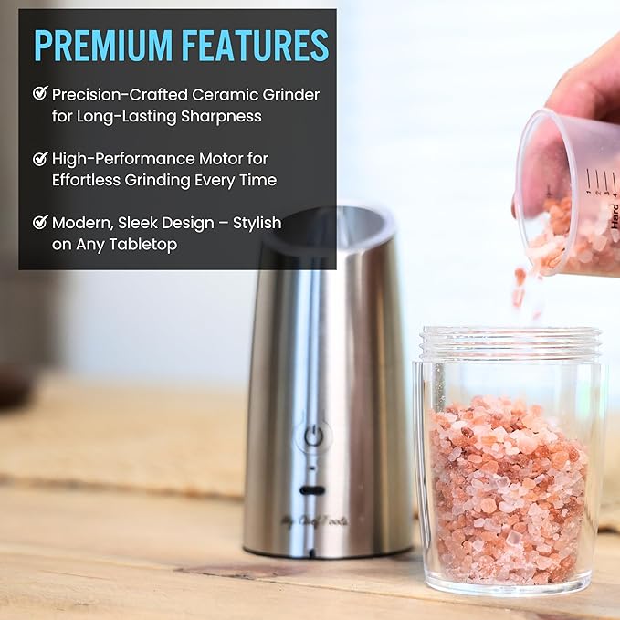 My Chef Tools - Electric Salt and Pepper Grinder Set - Rechargeable Automatic Salt Pepper Mill - USB C Charging - LED Light Illumination - Adjustable Coarseness - 2 Pack Silver