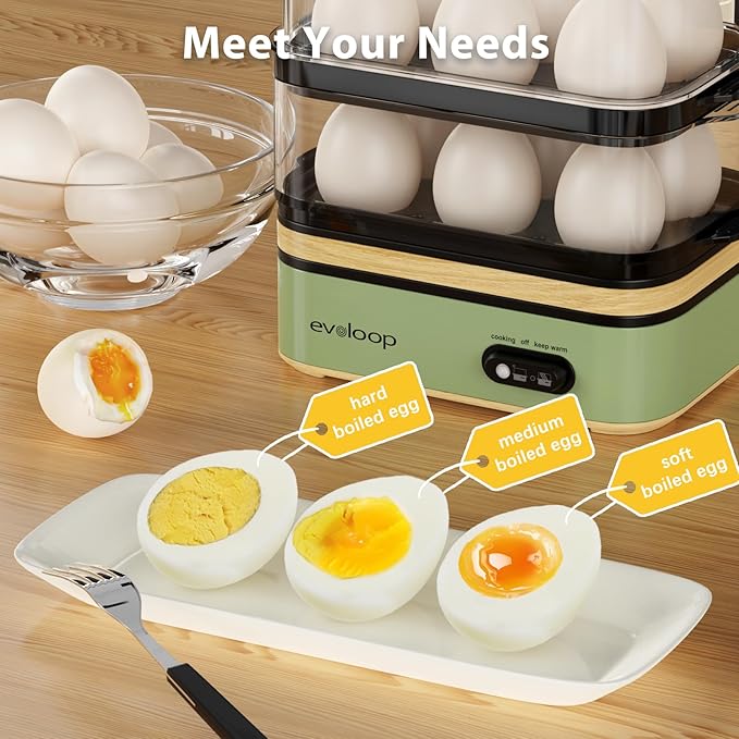 Evoloop Rapid Egg Cooker Electric 12 Eggs Capacity, Soft, Medium, Hard Boiled, Poached, Omelet Maker Egg Poacher & Vegetable Steamer, BPA Free Tray（Green）