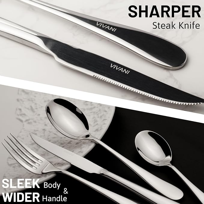 16 Piece Heavy Duty Silverware Set with Steak Knives for 4, Stainless Steel Cutlery Set, Modern Flatware Set, Utensils Set for Home, Dorms, Resturant, Cafes, Mirror Polished and Dishwasher Safe