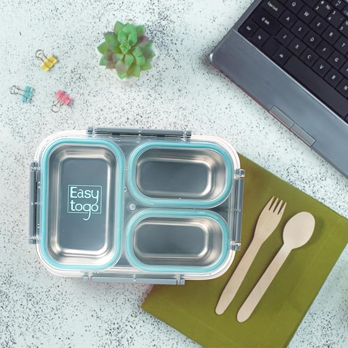 Large Stainless Steel Bento Box for Adults – 3 Compartment, 40oz Meal Prep Lunch Box with Lid, Reusable Snack Container for Men & Women, Dishwasher Safe, Blue