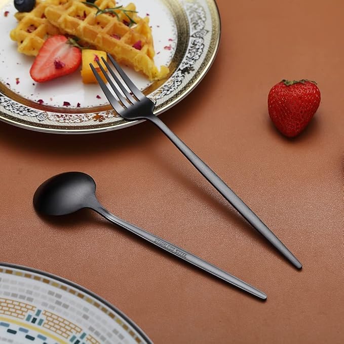 Matte Black Silverware Set 20 Pieces, Stainless Steel Flatware Set, Titanium Plating Cutlery Set, Matte Black Utensil Sets, Service Set for 4 (Matte Black)