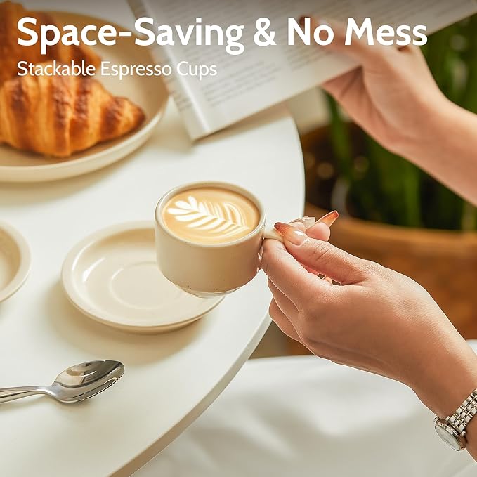 Sweese Porcelain Espresso Cups Set, 2.5 oz, Stackable with Saucers Metal Stand, Beige, 4 Pack