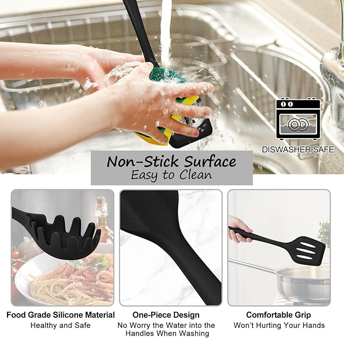 TeamFar Silicone Cooking Utensils Set of 6, Heat Resistant Kitchen Utensils, Spatula Ladle Spoon Pasta Server for Non-stick Cookware, Non-Toxic & One-Piece, Non-Scratch & Dishwasher Safe, Black