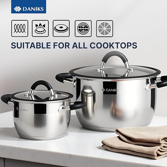 Daniks Orlando 11-Piece Stainless Steel Induction Cookware Set – Dishwasher Safe Saucepan, Frying Pan, Pots with Heatproof Handles, Glass Lids, Measuring Scale, Silver