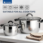 Daniks Orlando 11-Piece Stainless Steel Induction Cookware Set – Dishwasher Safe Saucepan, Frying Pan, Pots with Heatproof Handles, Glass Lids, Measuring Scale, Silver