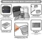 Stainless Steel Bento Lunch Box Set for Adults, Kids - Insulated Bag and Ice Pack - Leak-Proof Metal Compartment Meal Prep Food & Snack Containers for Work Travel School Daycare, 42 oz Grey Black