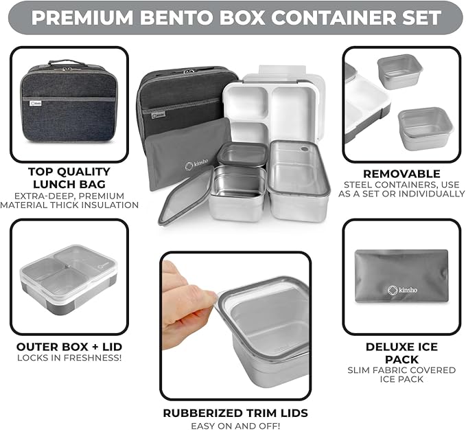 Stainless Steel Bento Lunch Box Set for Adults, Kids - Insulated Bag and Ice Pack - Leak-Proof Metal Compartment Meal Prep Food & Snack Containers for Work Travel School Daycare, 42 oz Grey Black