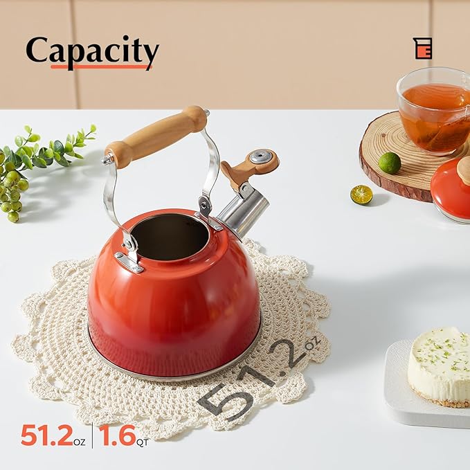 ROCKURWOK Tea Kettle, Tea Pot with Cool Touch Ergonomic Handle, Teapot Food Grade Stainless Steel, Tea Kettle Stovetop, Kettle Teapot, Whistling Tea Kettle, Small Tea Pot, 1.6 Quart (Red)