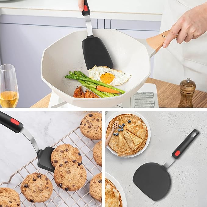 Hotec Silicone Spatula Turner for Nonstick Cookware, Cooking Spatulas 600°F Heat Resistant Large Flexible Rubber Spatula Set of 3, Kitchen Utensils for Flipping Eggs, Burgers, Pancakes, Crepes