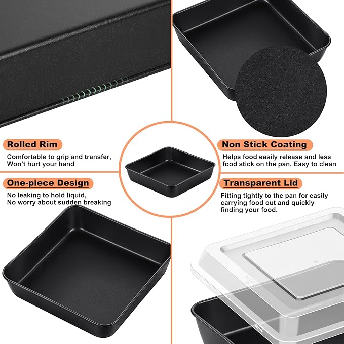 TeamFar Square Baking Pan, 8Inch Cake Tin with Lid with Stainless Steel Core & Nonstick Coating, for Baking Roasting Serving, Non-toxic, Easy to Release & Clean- (1 Pan + 1 Lid)