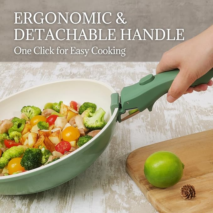 Ceramic Cookware Set Non Stick 8Pcs Pots and Pans Set Detachable Handle Induction Kitchen Cooking Set with Frying Pans Oven Dishwasher Safe, PFAS/PFOA Free, Forest Green