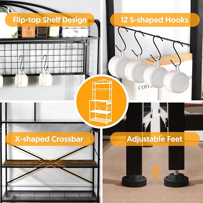 Bakers Rack for Kitchen, 33-inch Wide Coffee Bar Station with Power Outlet, 5 Tier Microwave Stand Storage Shelf with S-Shaped Hooks, Metal Frame with Brown Wood Tabletop