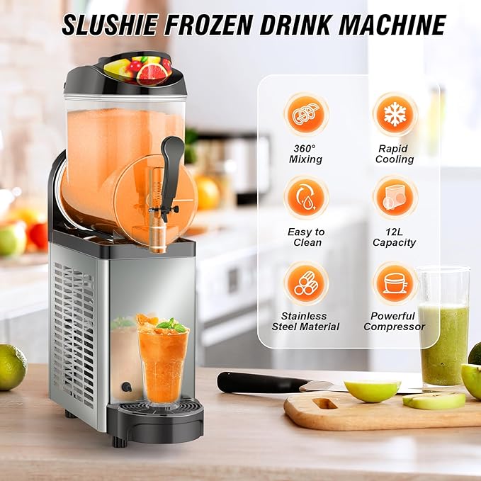 12L Commercial Slush Machine - Stainless Steel Slushie maker Frozen Drink Machine Commerical for Smoothies, Margaritas, Cocktails, Juices & Alcohol Beverages - Ideal for Bars, Cafés & Restaurants