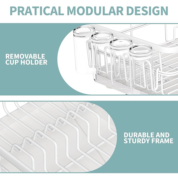 Dish Drying Rack for Kitchen Counter, Large Dish Racks with Drainboard, Kitchen Sink Dish Strainer Rack, Countertop Dish Drainer Rack with Cup & Utensil Holders, Dish Dryer Rack Large Sizw White