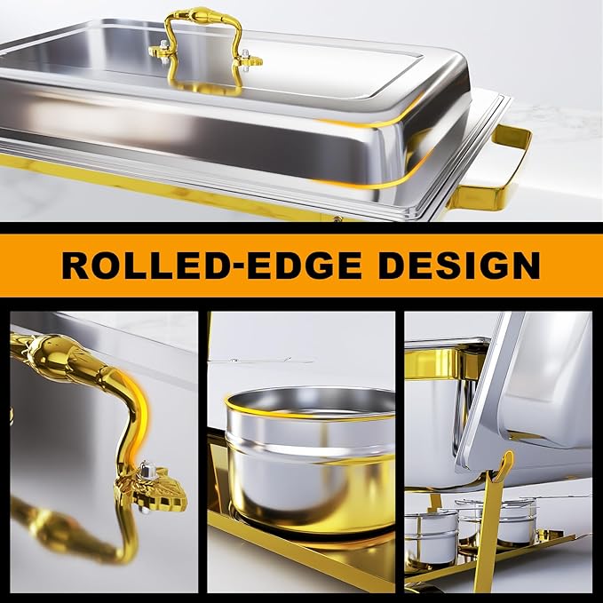 Chafing Dishes for Buffet 6 Pack, 9Qt Chafing Dish Buffet Set with Different Food Pans Combo, Food Warmers for Parties Buffet, Events & Weddings, Gold