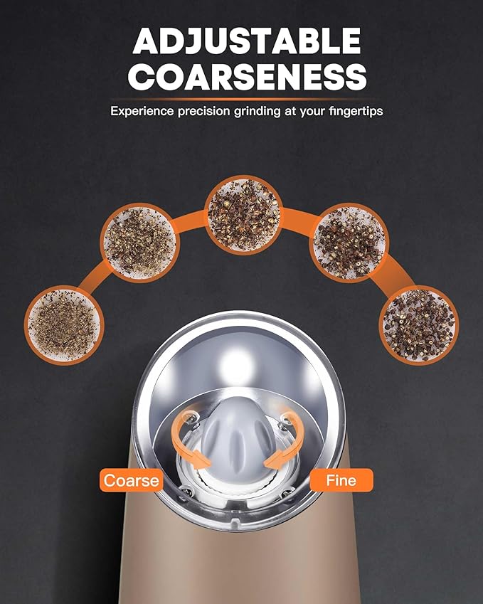 AmuseWit Gravity Electric Salt and Pepper Grinder Set [White Light] USB Rechargeable Automatic Pepper and Salt Mills,Adjustable Coarseness,One-Handed Operation,Greige