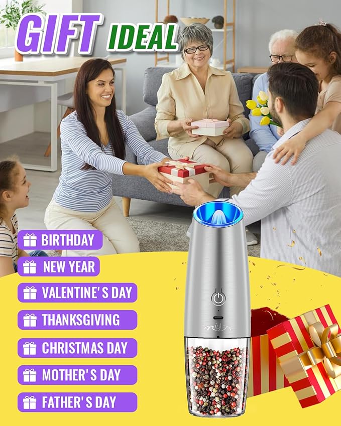 Rongyuxuan Upgraded Rechargeable Gravity Electric Salt and Pepper Grinder Set with LED lights,Stainless Steel Automatic Pepper or Salt Grinder Mill Shaker Refillable with Adjustable Coarseness,Sliver