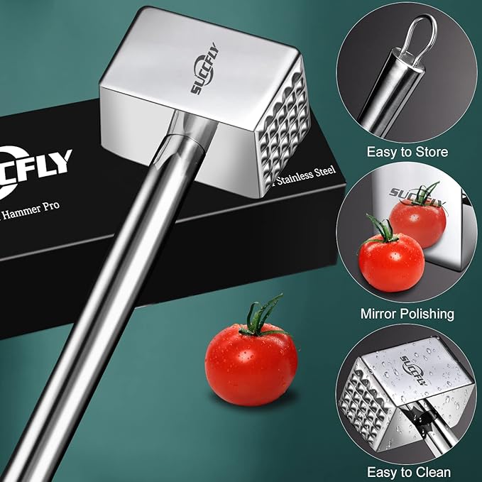 Meat Tenderizer Stainless Steel, Heavy Duty Meat Hammer, Kitchen Meat Mallet 1.65LB Meat Pounder Flatterner Weighted Hammer Extended Handle for Labor-saving Chicken Steak Meat Tenderizer Tool
