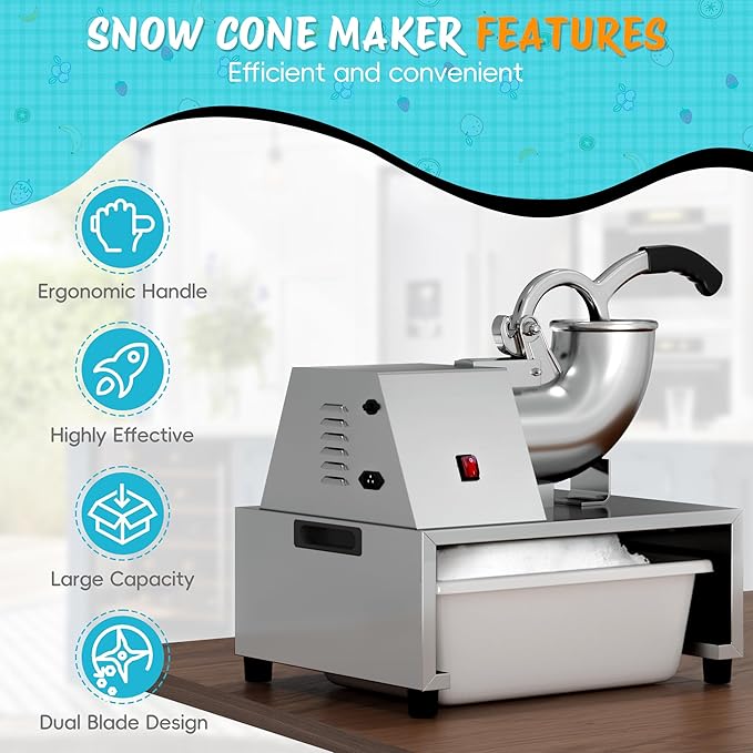 Snow Cone Machine Shaved Ice, 500LB/H Commercial Ice Crusher Shaved Ice Machine Fluffy, 300W Industrial Commercial Big Ice Shaving Machine for Snow Cones for Home Party