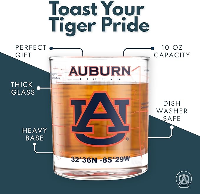 Greenline Goods – University of Auburn Tigers College Whiskey Glasses (Set of 2), 10 oz – Full-Color Logo + Campus Map