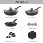 Vinchef Pots and Pans Set, 12pcs Nonstick Induction Kitchen Cookware Sets with Stay-Cool Handles, Frying Pans and Saute Pan with Lid, Silicone Cooking Utensil Sets and Pot Protectors, PFAS, PFOA Free