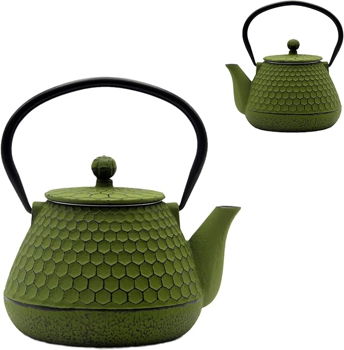 20.3oz Small Cast Iron Teapot for Personal, SECHUDO Tea Kettle for Stovetop Safe Coated with Enameled Interior, Green Tea Pot with Stainless Steel Infuser for Loose Tea (600ml)