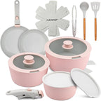 NutriChef 18-Piece Ceramic Cookware Set with Detachable Handles, Non Stick Pots and Pans, PTFE-Free Natural Ceramic Coating, Space-Saving Design, Oven & Stove Safe, Includes Utensils, Pink