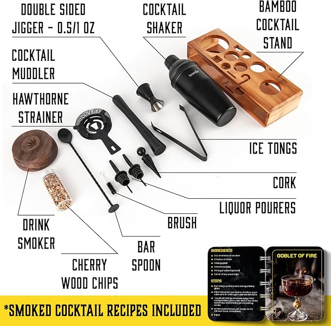 Bartender Kit with Whiskey Smoker - 13 pcs, Bamboo Stand - Bar Set with Cocktail Shaker, Bartending Kit with Essential Bar Accessory Tools, Wood Chips, Black Matte