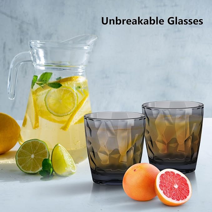 Topsky 10 oz Plastic Water Tumblers | Set of 4 Transparent Unbreakable Drinking Glasses Clear Acrylic Reusable Juice Wine Cups for Home Picnic Party, Dishwasher Safe, Stackable (Gray)