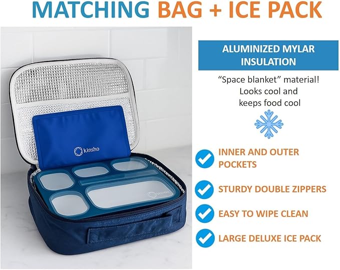 Bento Lunch Box with Insulated Bag and Ice Pack Set. 6 Divided Compartments, Containers for School, Work Daycare Lunches Snacks, Kids and Adults BPA Free, Easy to Carry, Durable Kits, Navy Blue