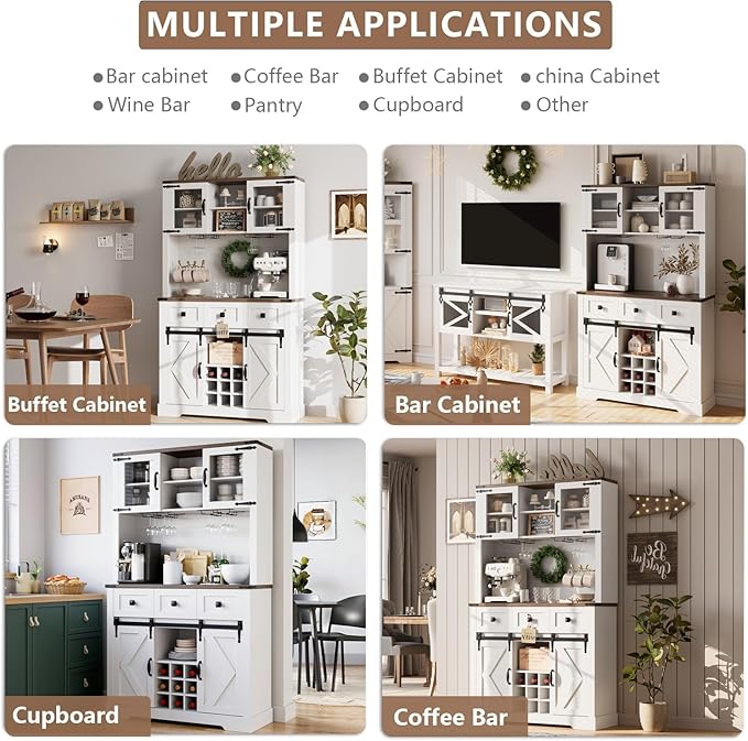 72" Farmhouse Bar Cabinet with Sliding Barn Door, Tall Kitchen Buffet with Storage Hutch and 3 Drawer, Rustic Coffee Wine Bar Sideboard with Wine & Glasses Rack, for Living Room, Pure White