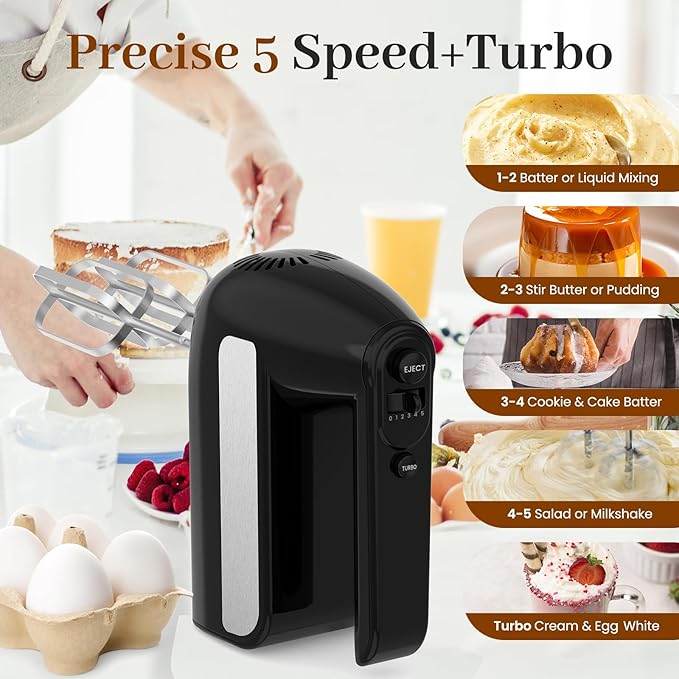 5-Speed Electric Hand Mixer, 800W Handheld Mixer with Turbo for Baking & Cooking, Kitchen Food Mixer with Storage Case & 6 Stainless Steel Attachments (2 Beaters, 2 Dough Hooks, 2 Whisks)-Black