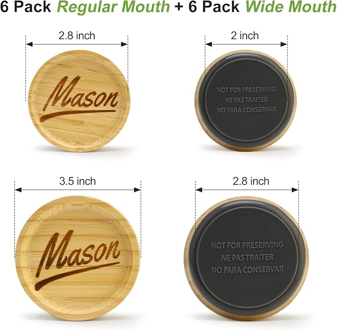 12 Pcs Reusable Regular Mouth Lids & Wide Mouth Mason Jar Lid Canning Supplies Bamboo Lid for Large Mouth Mason Jars Tops Glass Cups Small Wooden Silicone Airtight Covers Decorative Jar Lids