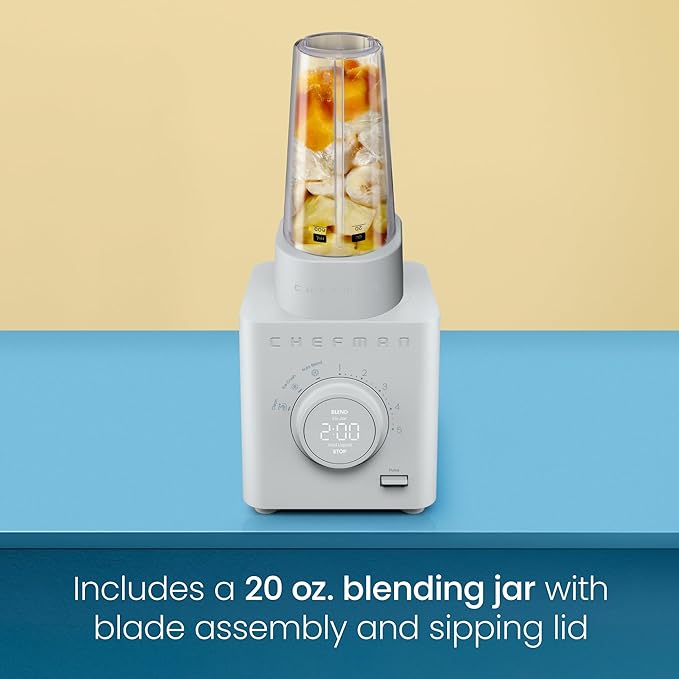 Chefman Obliterator 48 oz Countertop Blender for Smoothies, 1380W Motor to Crush Ice, Nuts, and Frozen Fruit with Stainless Steel Blade, Auto Blend Function, Includes 20 oz Travel Jar