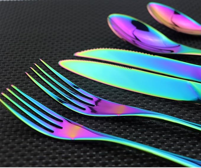 Flatware Set 18/10 Stainless Steel Mirror Polished Rainbow Colorful Cutlery - Silverware Utensil Set of Serrated Steak Knife Dinner Fork Knife Salad Fork Dessert Spoon,24 Piece Service for 4