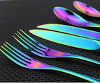 Flatware Set 18/10 Stainless Steel Mirror Polished Rainbow Colorful Cutlery - Silverware Utensil Set of Serrated Steak Knife Dinner Fork Knife Salad Fork Dessert Spoon,6 Piece Service for 1