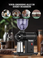 Huanyu Electric Coffee Grinder Stainless Steel Ghost Teeth Burr Coffee Grinders for Home Use with Light-Shielding Hopper for Pour over Black
