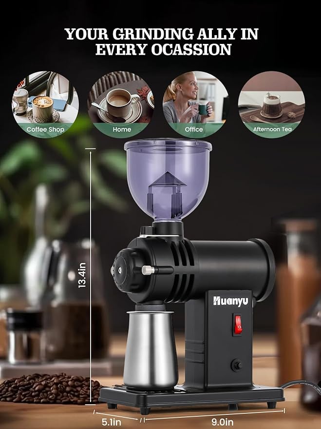 Huanyu Electric Coffee Grinder Stainless Steel Ghost Teeth Burr Coffee Grinders for Home Use with Light-Shielding Hopper for Pour over Black
