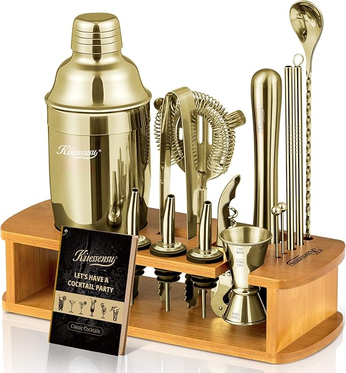KITESSENSU Cocktail Shaker Set Bartender Kit with Stand | Bar Set Drink Mixer Set with All Essential Accessory Tools: Martini Shaker, Jigger, Strainer, Mixer Spoon, Muddler |Champagne Gold