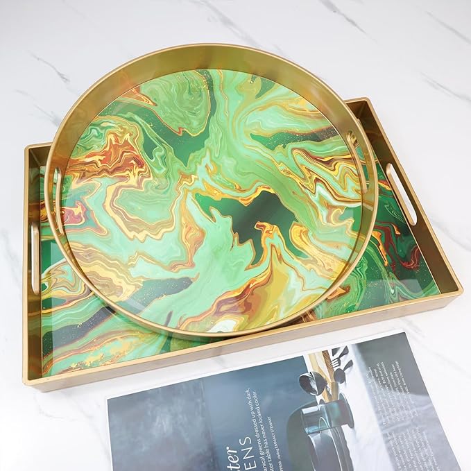 Round Green Marbling Decorative Tray with Handles, 13" Morden Plastic Serving Tray for Coffee Table Bathroom, Ottoman, Home Decor