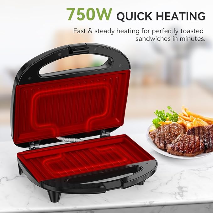 OSTBA Sandwich Maker, 2 Slice Grilled Cheese Maker with Non-stick Grill Plates, Indicator Lights, Cool Touch Handle, Easy to Clean and Store, 750W